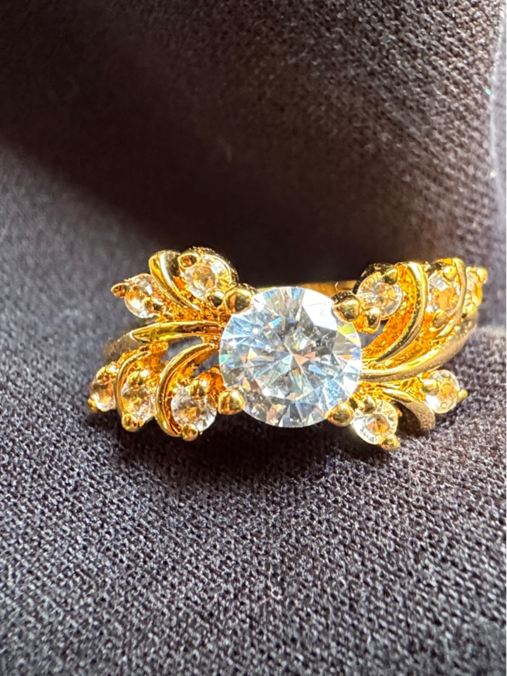 Gold-Tone Floral Scroll Ring with Clear Center Stone